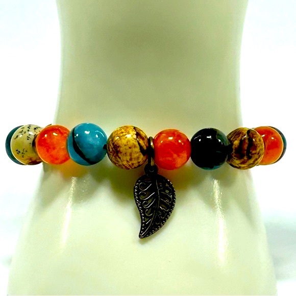 Handmade Fall Leaf Charm Bracelet Featuring Natural Jasper Stones! - Picture 4 of 5